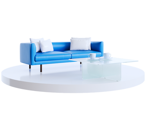 изображение дивана с магкими подушками и журнальным столиком